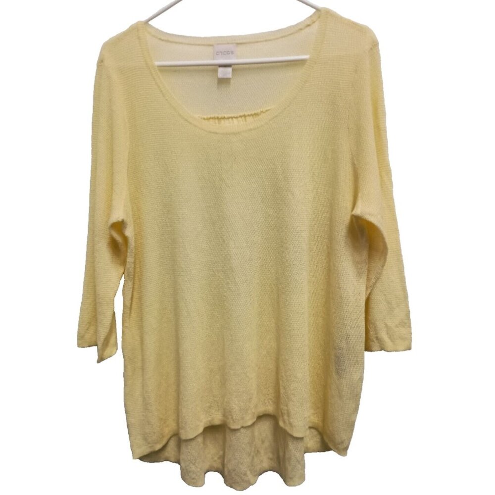 Chicos Womens Sweater Size Large Yellow Metallic 3/4 Sleeve Pullover‎ Minimalist
